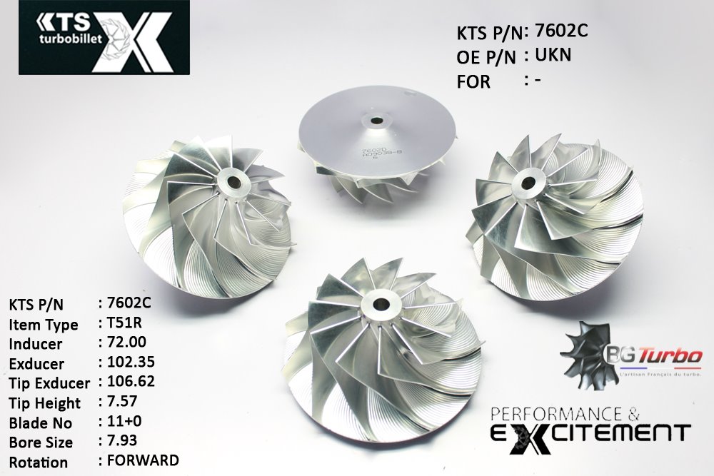 Turbo ROUE FORGÉE MFS PERFORMANCE - 11+0 PALES - INDUCER : 72 - EXDUCER : 102,35 - TYPE : T51RANGLE : 60° - ROTATION : Forward - SUPER BACK : 5 - BORE SIZE : 7,93
